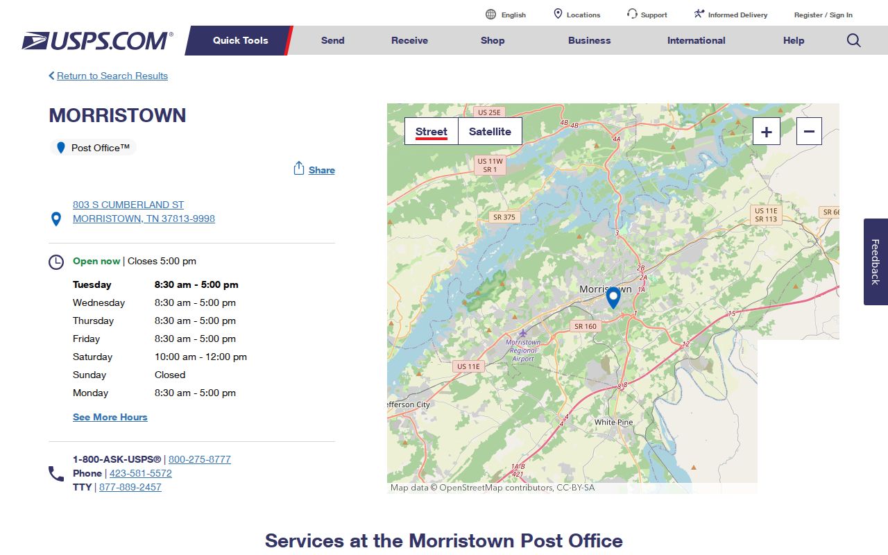 Morristown ZIP code directory post office location record