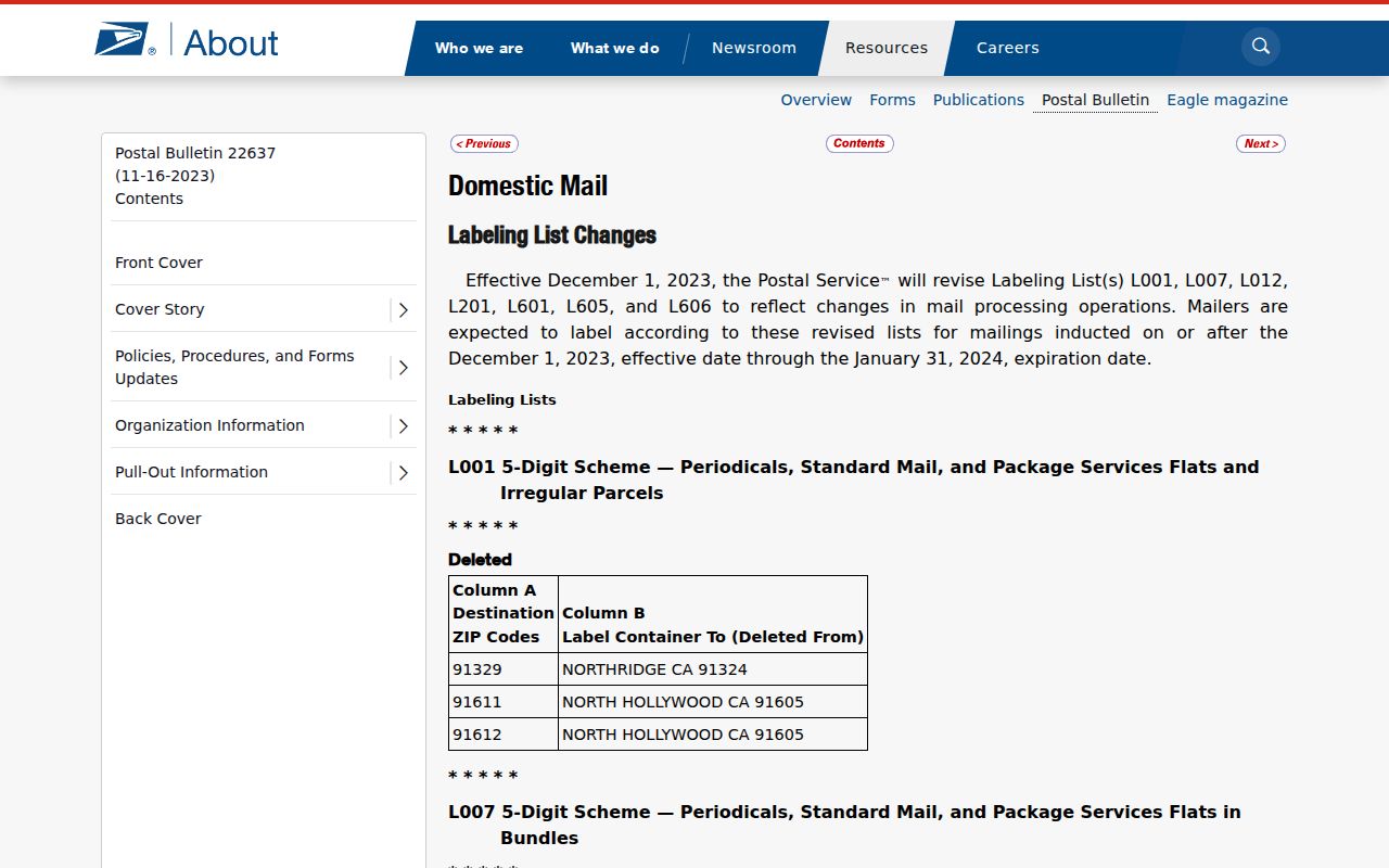 Morristown ZIP code directory USPS Postal Bulletin routing update